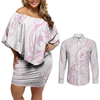 Hawaii Plumeria Lokelani Pikake Lei Couples Matching Off Shoulder Short Dress and Long Sleeve Button Shirt Poni Mama Polynesian Tattoo LT9 Pink - Polynesian Pride