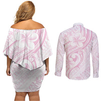 Hawaii Plumeria Lokelani Pikake Lei Couples Matching Off Shoulder Short Dress and Long Sleeve Button Shirt Poni Mama Polynesian Tattoo LT9 - Polynesian Pride