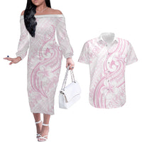 Hawaii Plumeria Lokelani Pikake Lei Couples Matching Off The Shoulder Long Sleeve Dress and Hawaiian Shirt Poni Mama Polynesian Tattoo LT9 Pink - Polynesian Pride