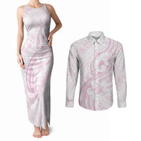 Hawaii Plumeria Lokelani Pikake Lei Couples Matching Tank Maxi Dress and Long Sleeve Button Shirt Poni Mama Polynesian Tattoo LT9 Pink - Polynesian Pride
