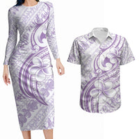 Hawaii Plumeria Lokelani Pikake Lei Couples Matching Long Sleeve Bodycon Dress and Hawaiian Shirt Poni Polynesian Tattoo LT9 Purple - Polynesian Pride