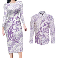 Hawaii Plumeria Lokelani Pikake Lei Couples Matching Long Sleeve Bodycon Dress and Long Sleeve Button Shirt Poni Polynesian Tattoo LT9 Purple - Polynesian Pride