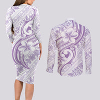 Hawaii Plumeria Lokelani Pikake Lei Couples Matching Long Sleeve Bodycon Dress and Long Sleeve Button Shirt Poni Polynesian Tattoo LT9 - Polynesian Pride