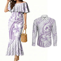 Hawaii Plumeria Lokelani Pikake Lei Couples Matching Mermaid Dress and Long Sleeve Button Shirt Poni Polynesian Tattoo LT9 Purple - Polynesian Pride