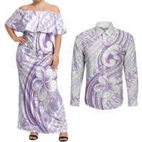 Hawaii Plumeria Lokelani Pikake Lei Couples Matching Off Shoulder Maxi Dress and Long Sleeve Button Shirt Poni Polynesian Tattoo LT9 Purple - Polynesian Pride