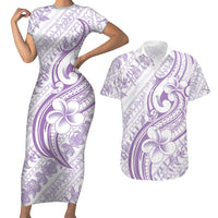 Hawaii Plumeria Lokelani Pikake Lei Couples Matching Short Sleeve Bodycon Dress and Hawaiian Shirt Poni Polynesian Tattoo LT9 Purple - Polynesian Pride