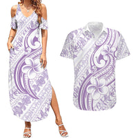 Hawaii Plumeria Lokelani Pikake Lei Couples Matching Summer Maxi Dress and Hawaiian Shirt Poni Polynesian Tattoo LT9 Purple - Polynesian Pride