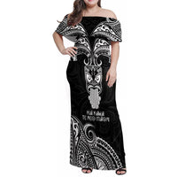 Personalised New Zealand Te Reo Maori Family Matching Off Shoulder Maxi Dress and Hawaiian Shirt Kia Kaha Maori Language Week Black Style LT9 Mom's Dress Black - Polynesian Pride