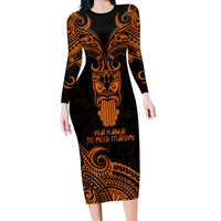 Personalised New Zealand Te Reo Maori Family Matching Long Sleeve Bodycon Dress and Hawaiian Shirt Kia Kaha Maori Language Week Gold Style LT9 Mom's Dress Gold - Polynesian Pride