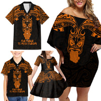 Personalised New Zealand Te Reo Maori Family Matching Off Shoulder Short Dress and Hawaiian Shirt Kia Kaha Maori Language Week Gold Style LT9 - Polynesian Pride