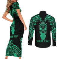 Personalised New Zealand Te Reo Maori Couples Matching Short Sleeve Bodycon Dress and Long Sleeve Button Shirts Kia Kaha Maori Language Week Green Style LT9 - Polynesian Pride