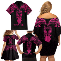 Personalised New Zealand Te Reo Maori Family Matching Off Shoulder Short Dress and Hawaiian Shirt Kia Kaha Maori Language Week Pink Style LT9 - Polynesian Pride