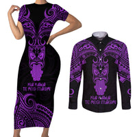 Personalised New Zealand Te Reo Maori Couples Matching Short Sleeve Bodycon Dress and Long Sleeve Button Shirts Kia Kaha Maori Language Week Purple Style LT9 Purple - Polynesian Pride