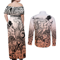 Beauty and The Warrior Polynesian Valentine Couples Matching Off Shoulder Maxi Dress and Long Sleeve Button Shirt Hibiscus FLowers Orange Style LT9 - Polynesian Pride