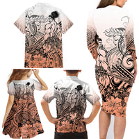 Beauty and The Warrior Polynesian Valentine Family Matching Long Sleeve Bodycon Dress and Hawaiian Shirt Hibiscus FLowers Orange Style LT9 - Polynesian Pride