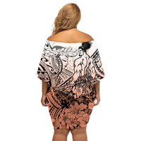 Beauty and The Warrior Polynesian Valentine Off Shoulder Short Dress Hibiscus FLowers Orange Style LT9 - Polynesian Pride