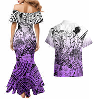 Beauty and The Warrior Polynesian Valentine Couples Matching Mermaid Dress and Hawaiian Shirt Hibiscus FLowers Purple Style LT9 - Polynesian Pride
