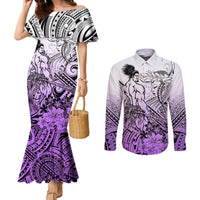 Beauty and The Warrior Polynesian Valentine Couples Matching Mermaid Dress and Long Sleeve Button Shirt Hibiscus FLowers Purple Style LT9 Purple - Polynesian Pride