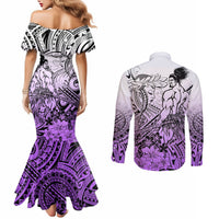 Beauty and The Warrior Polynesian Valentine Couples Matching Mermaid Dress and Long Sleeve Button Shirt Hibiscus FLowers Purple Style LT9 - Polynesian Pride