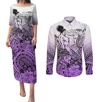 Beauty and The Warrior Polynesian Valentine Couples Matching Puletasi Dress and Long Sleeve Button Shirt Hibiscus FLowers Purple Style LT9 Purple - Polynesian Pride