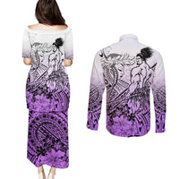 Beauty and The Warrior Polynesian Valentine Couples Matching Puletasi Dress and Long Sleeve Button Shirt Hibiscus FLowers Purple Style LT9 - Polynesian Pride