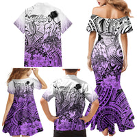Beauty and The Warrior Polynesian Valentine Family Matching Mermaid Dress and Hawaiian Shirt Hibiscus FLowers Purple Style LT9 - Polynesian Pride