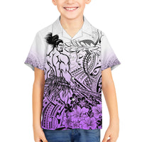 Beauty and The Warrior Polynesian Valentine Family Matching Off Shoulder Long Sleeve Dress and Hawaiian Shirt Hibiscus FLowers Purple Style LT9 Son's Shirt Purple - Polynesian Pride