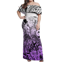 Beauty and The Warrior Polynesian Valentine Off Shoulder Maxi Dress Hibiscus FLowers Purple Style LT9 Women Purple - Polynesian Pride
