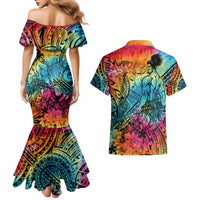 Beauty and The Warrior Polynesian Valentine Couples Matching Mermaid Dress and Hawaiian Shirt Hibiscus FLowers Rainbow Style LT9 - Polynesian Pride