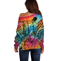 Beauty and The Warrior Polynesian Valentine Off Shoulder Sweater Hibiscus FLowers Rainbow Style LT9 - Polynesian Pride