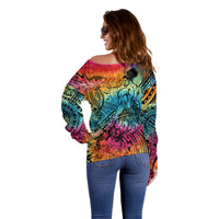Beauty and The Warrior Polynesian Valentine Off Shoulder Sweater Hibiscus FLowers Rainbow Style LT9 - Polynesian Pride