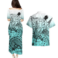Beauty and The Warrior Polynesian Valentine Couples Matching Puletasi Dress and Hawaiian Shirt Hibiscus FLowers Turquoise Style LT9 - Polynesian Pride