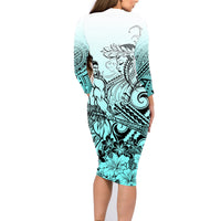 Beauty and The Warrior Polynesian Valentine Family Matching Long Sleeve Bodycon Dress and Hawaiian Shirt Hibiscus FLowers Turquoise Style LT9 - Polynesian Pride