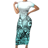 Beauty and The Warrior Polynesian Valentine Family Matching Short Sleeve Bodycon Dress and Hawaiian Shirt Hibiscus FLowers Turquoise Style LT9 Mom's Dress Turquoise - Polynesian Pride