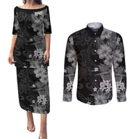 Hawaii Tropical Flowers Tribal Pattern Couples Matching Puletasi and Long Sleeve Button Shirt Black Style LT9 Black - Polynesian Pride