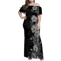 Hawaii Tropical Flowers Tribal Pattern Family Matching Off Shoulder Maxi Dress and Hawaiian Shirt Black Style LT9 Mom's Dress Black - Polynesian Pride