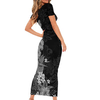 Hawaii Tropical Flowers Tribal Pattern Short Sleeve Bodycon Dress Black Style LT9 - Polynesian Pride