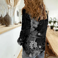 Hawaii Tropical Flowers Tribal Pattern Women Casual Shirt Black Style LT9 - Polynesian Pride