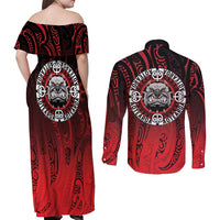 Aotearoa Bulldog Couples Matching Off Shoulder Maxi Dress and Long Sleeve Button Shirt New Zealand Kowhaiwhai Tribal