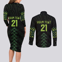 Custom New Zealand Maori Koru Koiri Motif Couples Matching Long Sleeve Bodycon Dress and Long Sleeve Button Shirt
