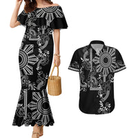 Filipino Sun Tribal Tattoo Couples Matching Mermaid Dress and Hawaiian Shirt Philippines Inspired Barong Simple Black LT9 Black - Polynesian Pride