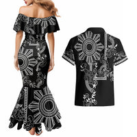 Filipino Sun Tribal Tattoo Couples Matching Mermaid Dress and Hawaiian Shirt Philippines Inspired Barong Simple Black LT9 - Polynesian Pride