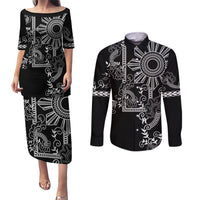 Filipino Sun Tribal Tattoo Couples Matching Puletasi and Long Sleeve Button Shirt Philippines Inspired Barong Simple Black LT9 Black - Polynesian Pride