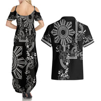 Filipino Sun Tribal Tattoo Couples Matching Summer Maxi Dress and Hawaiian Shirt Philippines Inspired Barong Simple Black LT9 - Polynesian Pride