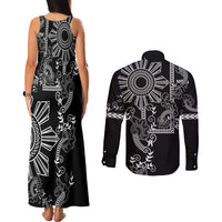 Filipino Sun Tribal Tattoo Couples Matching Tank Maxi Dress and Long Sleeve Button Shirt Philippines Inspired Barong Simple Black