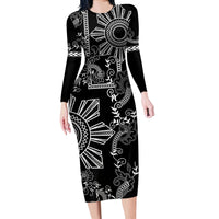 Filipino Sun Tribal Tattoo Long Sleeve Bodycon Dress Philippines Inspired Barong Simple Black