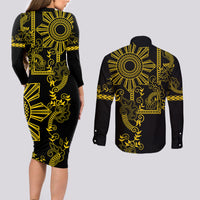 Filipino Sun Tribal Tattoo Couples Matching Long Sleeve Bodycon Dress and Long Sleeve Button Shirt Philippines Inspired Barong Simple Gold