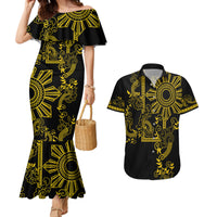 Filipino Sun Tribal Tattoo Couples Matching Mermaid Dress and Hawaiian Shirt Philippines Inspired Barong Simple Gold LT9 Gold - Polynesian Pride