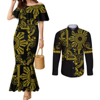 Filipino Sun Tribal Tattoo Couples Matching Mermaid Dress and Long Sleeve Button Shirt Philippines Inspired Barong Simple Gold LT9 Gold - Polynesian Pride