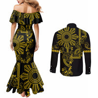 Filipino Sun Tribal Tattoo Couples Matching Mermaid Dress and Long Sleeve Button Shirt Philippines Inspired Barong Simple Gold LT9 - Polynesian Pride